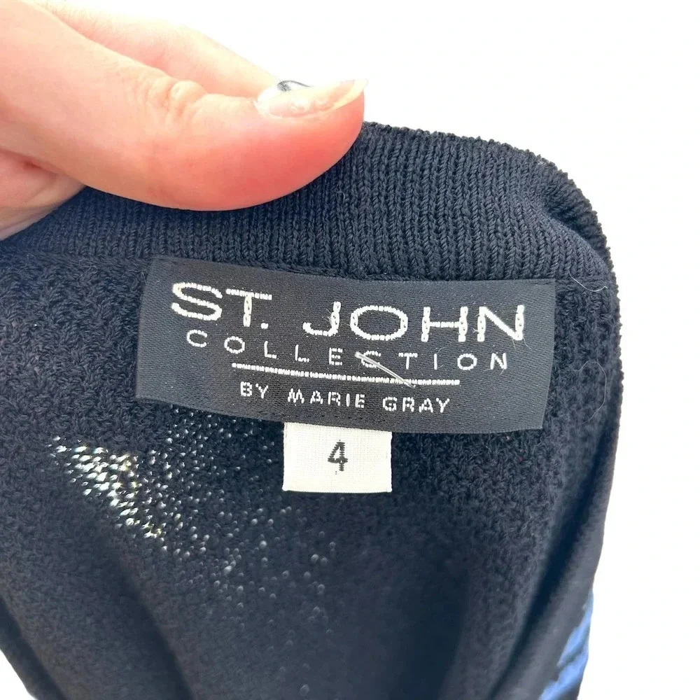 St. John Collection Santana‎ Knit Black Blue Stripe Cardigan Sweater Size 4